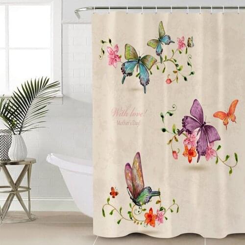 Butterfly Flowers Vintage Style Shower Curtain Bathroom Decorative Waterproof Polyester Fabric Curtain for Bathroom