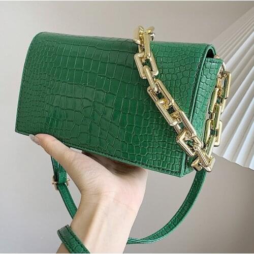 Thick Chain Green Underarm Bag Leather Crossbody Bag for Women 2021 Summer Lady Travel Baguette Shoulder Purses and Handbags