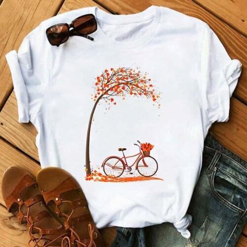 Bicycle Under The Maple Deciduous Leaves Women Fashion Aesthetic White Casual Round Collar Ladies Tee Polyester Tshirt