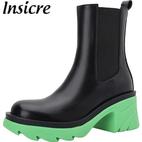 Insicre 2021 New Platform Chelsea Ankle Boots Women Thick Heels Autumn Female British Round Toe Style Shoes Large Size 34-42