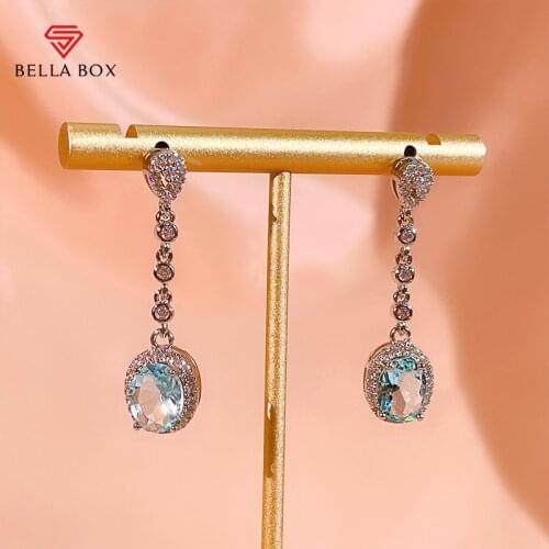 BELLA BOX Luxury Women Silver Drop Earring Silver 925 Jewelry Round Shape Oval Topaz Gemstones Wedding Engagement Party Gift