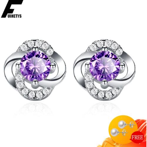 Korean Earrings 925 Silver Jewelry with Purple Zircon Gemstone Stud Earrings Accessories for Women Wedding Bridal Promise Party