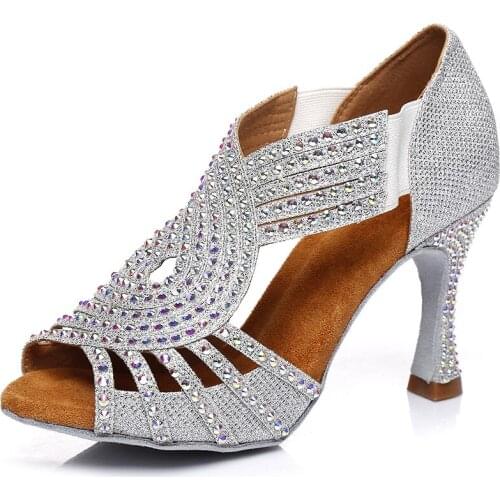 Dance Shoes For Girls Latin Dance Shoes Woman Salsa Shoes Dance Sneakers Ballroom Rhinestone Shoes High Heels Silver IDancing
