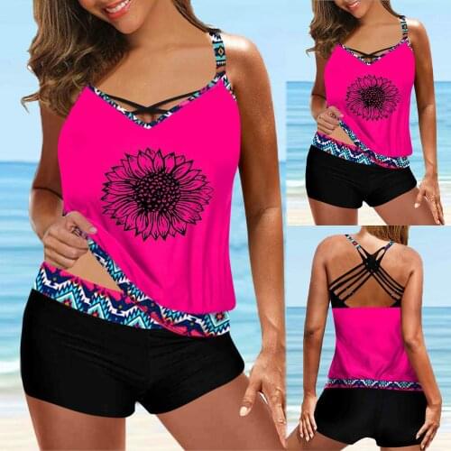 Womens Swimsuit Sexy Tankini Large Bikinis 2021 Digital Print Suspender Beach Split Swimwear Two Piece Bathing Suit Top+Shorts