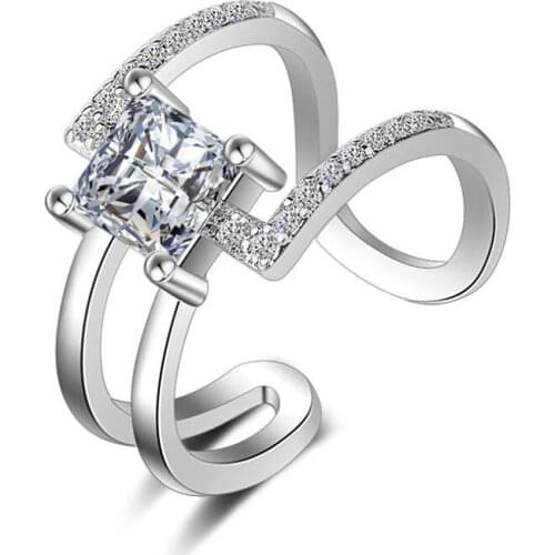 925 Sterling Silver Double Layer Dazzling Square Zircon Opening Ring For Women Anniversary Wedding Jewelry Wholesale S-R326