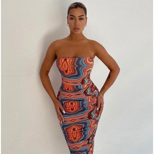 2021 Summer Hot Women Tie Dye Printed Sexy Skinny Strapless Dresses Bodycon Party Club Streetwear Midi Dress For Female