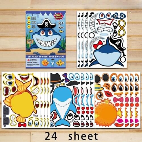 25 PCS DIY Stickers Re-stickable Bunny/Shark Party Make-a-Face Stickers Gift Wallpaper Decoracion for Kids Baby Room наклейка