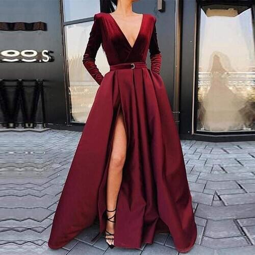 Burgundy Long Sleeve Velvet Prom Dresses Vestidos de Festa Longo Custom Made V-neck Party Gown Plus Size High Slit Evening Dress