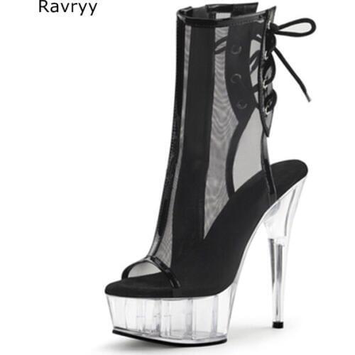 Summer cross-tied Women black sandal boots transparent heel Women sandals peep toe 15CM thick heel female club party shoes