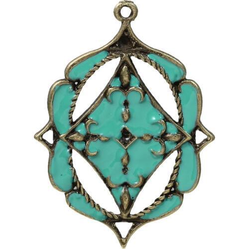 DoreenBeads Zinc Based Alloy Pendants Shield Antique Bronze Mint Green Enamel Fleur-De-Lis Hollow Carved 45mm x 32mm ,5 PCs