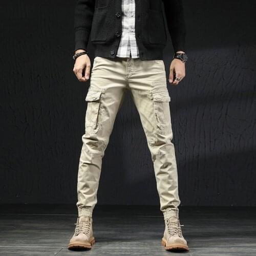 Fashion Streetwear Men Jeans Multi Pockets Casual Cargo Pants Korean Style Khaki Color Hip Hop Joggers Men Ankle Banded Trousers