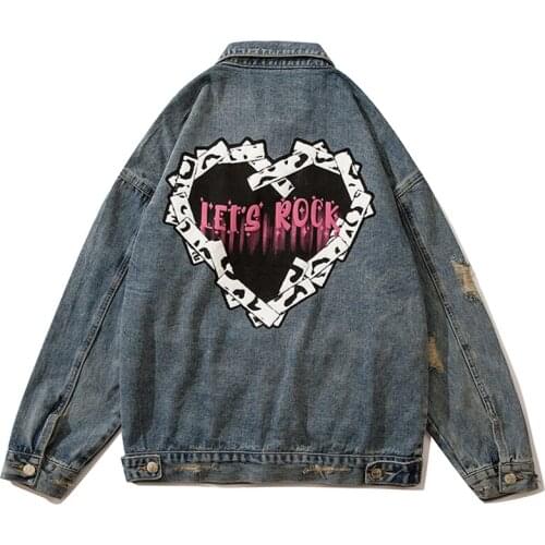 Hip Hop Jeans Lets Rock Print Ripped Hole Jean Jackets Men Jacket Denim Vintage Jean Streetwear Overcoats Windbreaker Jacket