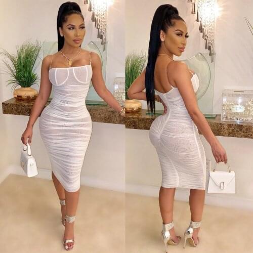 Echoine Strap Sheer Mesh Midi Dress Ladies Elegant Party Night Club Outfits Bodycon Vintage Vestidos Fitness Pleated Sundress
