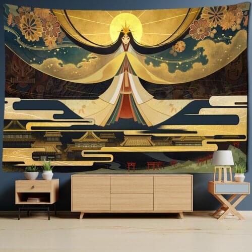 Ancient Japanese Shrine Tapestry Tapestry Cartoon Character Art Sun Moon Hippie Bohemian Childrens Room Studio Decor