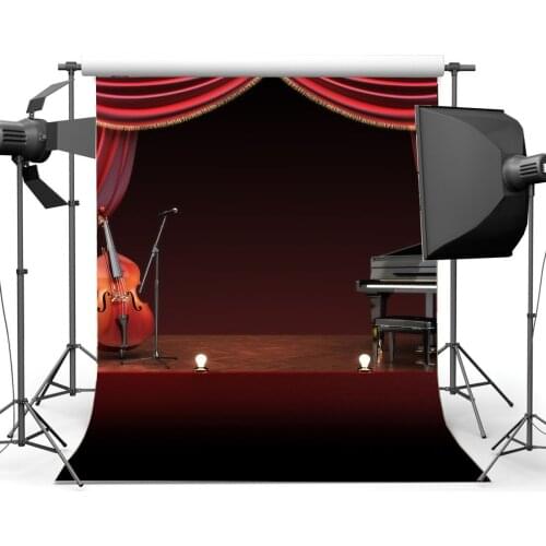 Interior Stage Band Backdrops Piano Guitar Music Shabby Wood Floor Concert Red Curtain Hollywood Photography Background