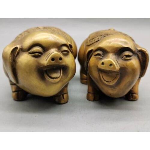 China brass gold pig send blessing crafts statue A pair
