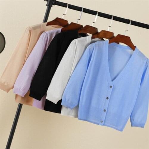 Korean 17 Colors Short Knitted Cardigan Coat Summer Womens Three Quarter V Neck Ice Silk Thin Coats Buttons Women Tops PZ2151