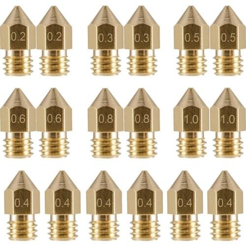 18 Pcs 3D Printer Nozzles M6 Extruder Brass Nozzle Print Head (2x0.2mm+2x0.m+6x0.4mm+2x0.5mm+2x0.6mm+2x0.8mm+2x1.0mm) for MK8