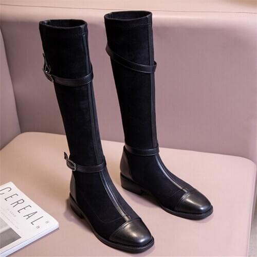 2021 New Women Boots Suede Square Toe Motorcycle Boots Fashion Buckle Low Heel Autumn Winter Shoes Woman Black Brown