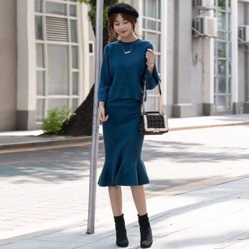 2019 autumn new fishtail skirt two-piece fashion slim knit pullover sweater high quality Stretchy Elegant Slim Skirt Two-piece