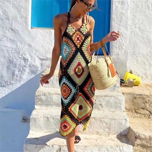 Handmade Crochet Beach Dress Cover Up Sexy Hollow Out Mesh Knitted Tunic Swimsuit Coverup Womens Beach Sarong Robe De Plage A457