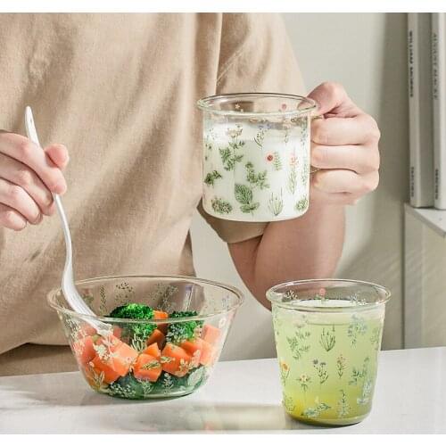 Ins Popular Glass Bowls Breakfast Container 620ML Tea Cup 320ML Milk Mugs With Handgrip Scale 360ML Plant Floral Printed