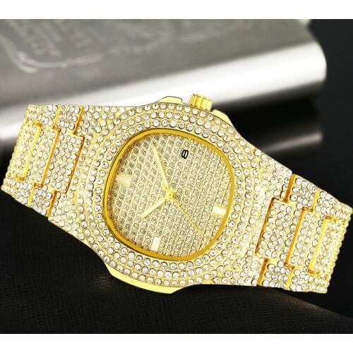 Luxury Fashion Gold Men Watch Crystal Mens Dress Watches Diamond Stainless Steel Date Clock reloj mujer Women Quartz Wristwatch