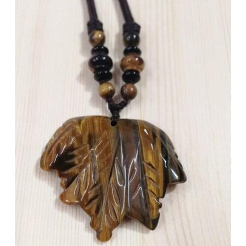 Handmade Weave Maple Leaves Shape Natural Tiger Eye Stone Pendant Rope Chain Necklace Ethnic Style Jewelry