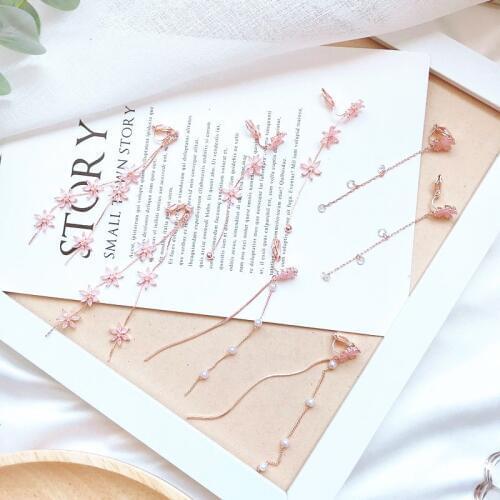 2019 Classic Pink Crystal Rhinestone Simple Personality Pearl Long Clip Earring No Hole Earrings for Women Party Jewelry