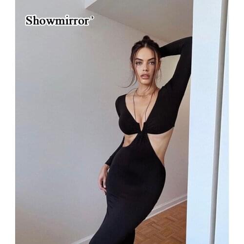 Showmirror Autumn Long Sleeve Halter Dres Sexy Cut Out Black Maxi Dresses Slim Fashion Outfits Split Long Dresses Skinny Clothes
