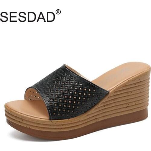 Summer Women Wedges Slippers Genuine Leather Ladies Platform Slides Open Toe Slip On Female High Heels Sandals Shoes Size 34-40