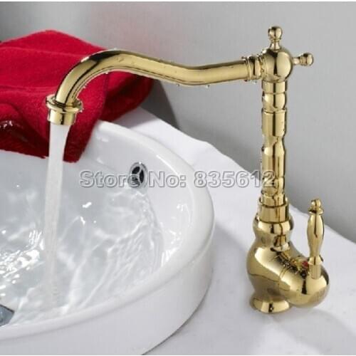 Modern Gold Color Brass Swivel Kitchen Basin Faucet Spout Cold and Hot Mixer Single Handle Taps Wgf014