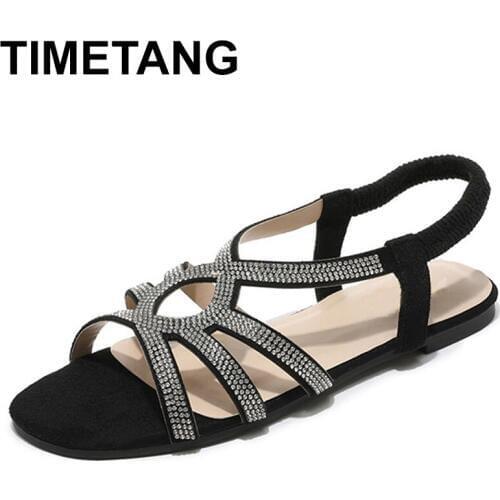 TIMETANG2020Summer New Luxury Women Crystal Lace Up Sandals Woman Fashion Big Size Bohemia Sandals Flat Shoes Ladies Casual Rome