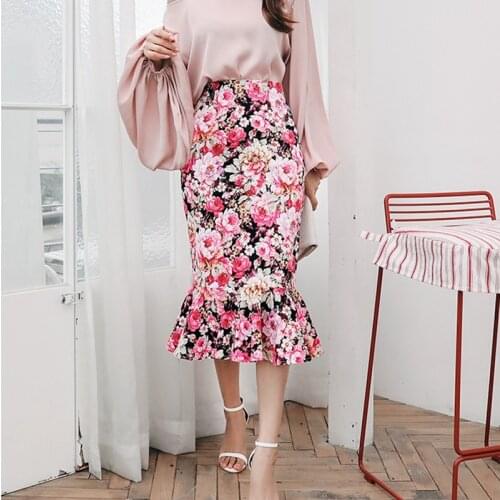 Stinlicher Office Skirts Womens Bodycon Flower print Midi Skirt Elegant Ruffles Pencil Mermaid Skirts Party Formal Occasion Jupe