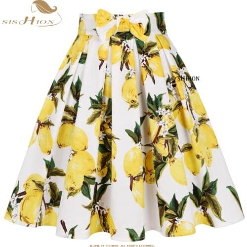 SISHION 2021 New Y2K Floral Print White Lemon Skirt SS0012 Harajuku Jupe Femme Vintage Cotton Women Summer Skater Pleated Skirt
