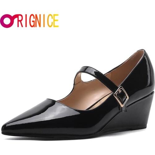 Orignice Elegant Patent Leather Women Pumps Wedge High Heels Slip On Simple Classic Pointed Toe Buckle Strap Design Dress Shoes