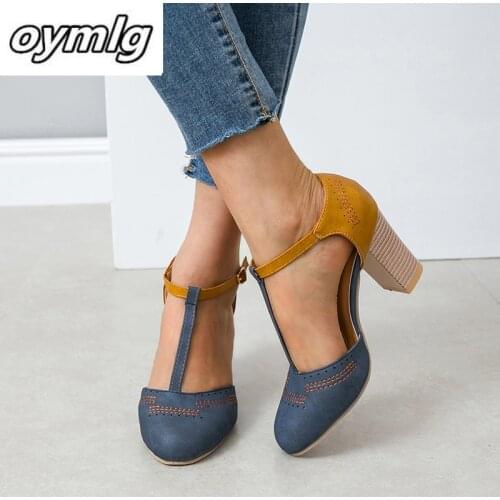 Women Heel High Shoes Pumps Square Ladies Platform Round Toe T-tied Square Heel Wedding Dress Shoes zapatos de mujer