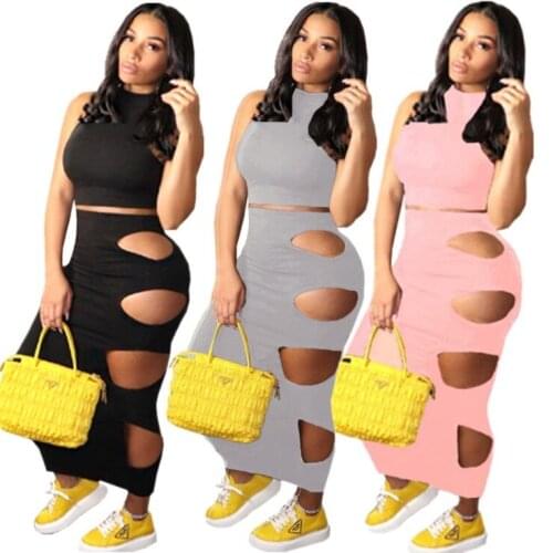 Two Piece Solid Color Womens Fashion Round Neck Sexy Sleeveless Personality Unilateral Hole Temperament Package Hip Skirt Suit