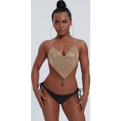 Women Sexy Halter Backless Rhinestone Bra Body Chains 2020 Fashion Gold Sequins Festival Wear Deep V Neck Cropped