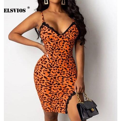 Women Leopard Print Lace Slit Party Dress Spring Summer Backless Deep V-neck Dress Elegant Sleeveless Spaghetti Strap Sexy Dress