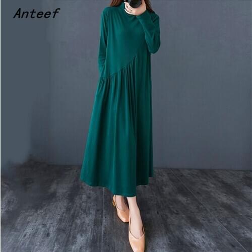 Long sleeve plus size cotton vintage for women casual loose spring autumn dress elegant clothes 2021 ladies dresses
