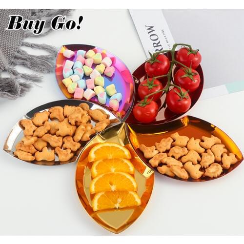 New Leaf-shaped Stainless Steel Jewelry Ring Storage Trays Candy Dessert Plate Fruit Plate Rainbow Cookies Dish Home Decorative