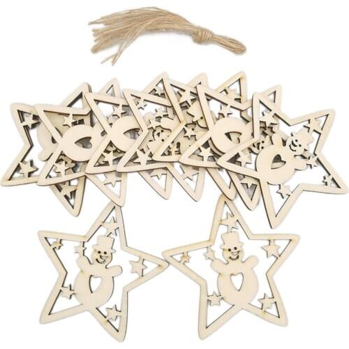 10PCS Star Wooden Embellishments Rustic Merry Christmas Tree Hanging Ornament Drop Pendant Xmas Decorations for Home