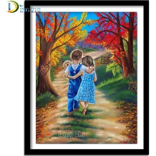 5D Diamond Embroidery Spring Landscape Girl And Boy Cross Stitch Diamond Painting Sale European Child, Good Friend Picture Art