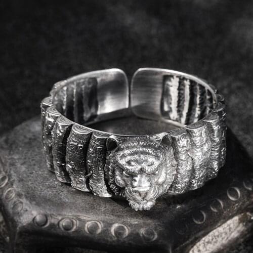 85g Mens Women Heavy 999 Sterling Silver tiger punk handmade Bangle Cuff Bracelet jewerlry A4540