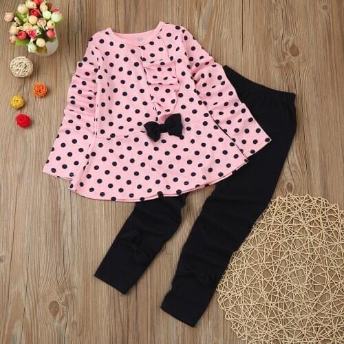 TELOTUNY Childrens clothing Toddler Baby Girls Dots Print Clothes Long Sleeve Bow T-shirt Top+Pants Trousers Outfits Set Jun23