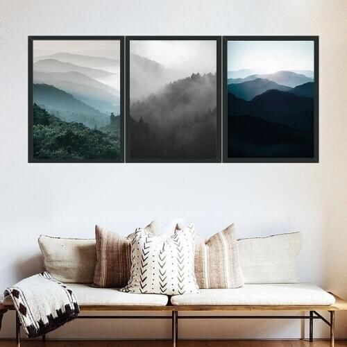 Mountain Forest Fog Canvas Painting Forest Landscape Triptych Wall Art Posters Living Room Dining Room Painting Pictures Mural