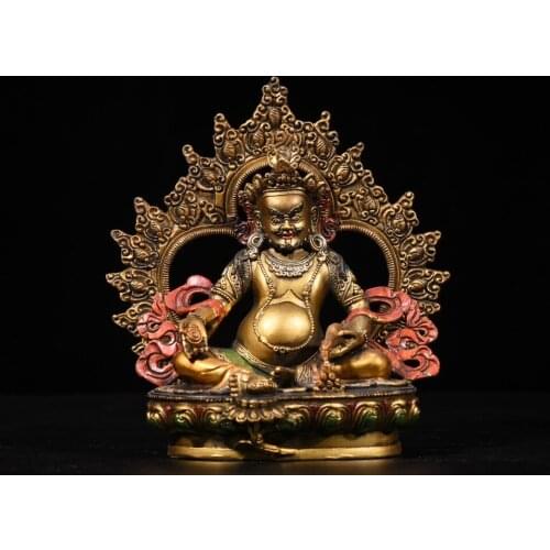 7"Chinese Folk Collection Old Bronze Painted Yellow God of Wealth Buddha Statue Huang Caishen Back light Sitting Buddha Ornament