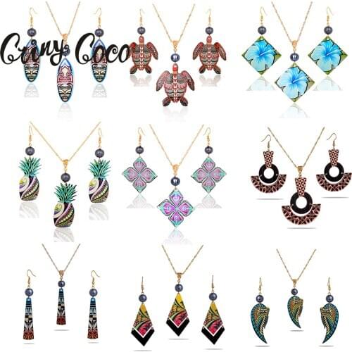 Cring Coco Hawaiian Polynesian Jewelry Sets Fashion Acrylic Pineapple Turtle Pendant Long Chain Necklace Earring Set for Women