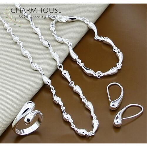 Charmhouse 925 Silver Jewellery Sets For Women Waterdrop Earrings Necklace Bracelet Ring 4pcs Wedding Jewelry Accessory Bijoux